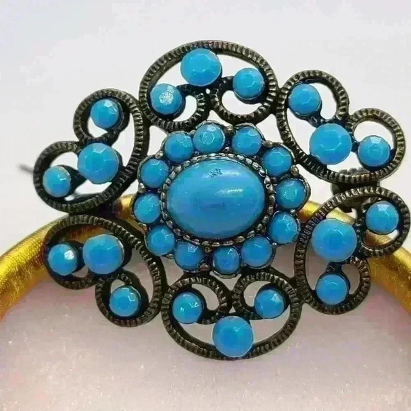 Vintage blue turquoise like dark silver tone brooch - Picture 7 of 15